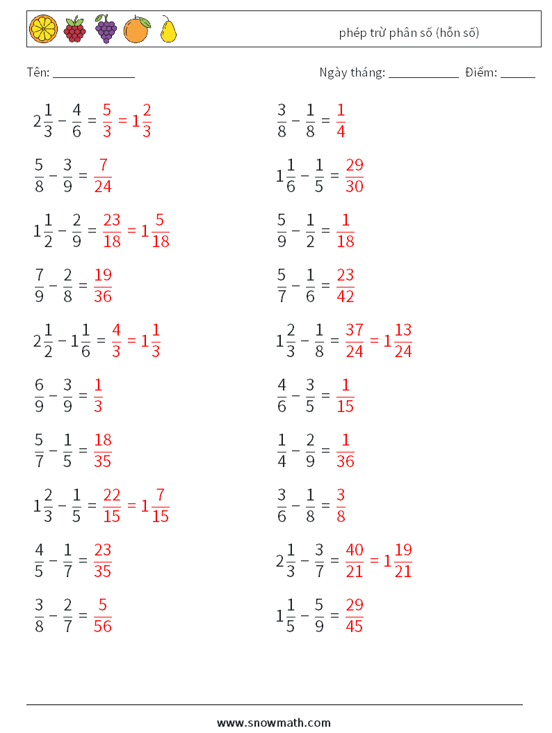 (20) phép trừ phân số (hỗn số) Bảng tính toán học 13 Câu hỏi, câu trả lời
