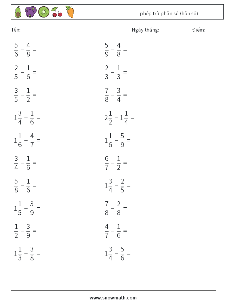 (20) phép trừ phân số (hỗn số) Bảng tính toán học 14