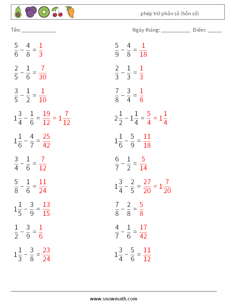 (20) phép trừ phân số (hỗn số) Bảng tính toán học 14 Câu hỏi, câu trả lời