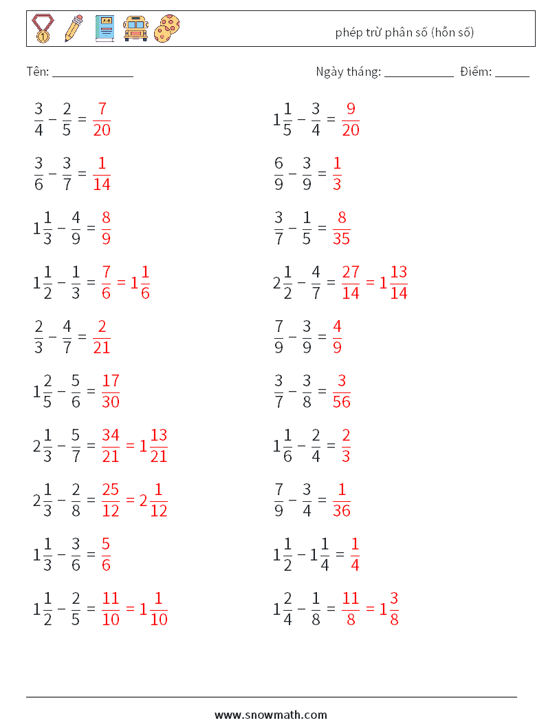 (20) phép trừ phân số (hỗn số) Bảng tính toán học 15 Câu hỏi, câu trả lời