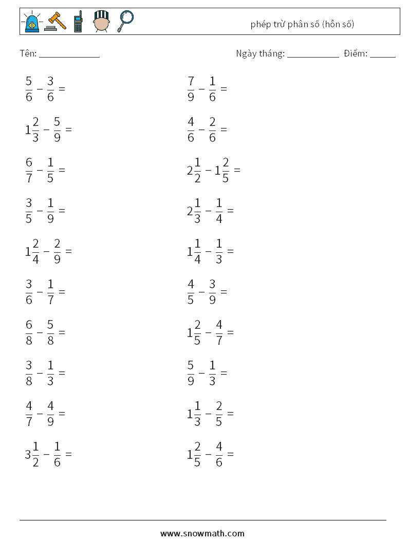 (20) phép trừ phân số (hỗn số) Bảng tính toán học 16