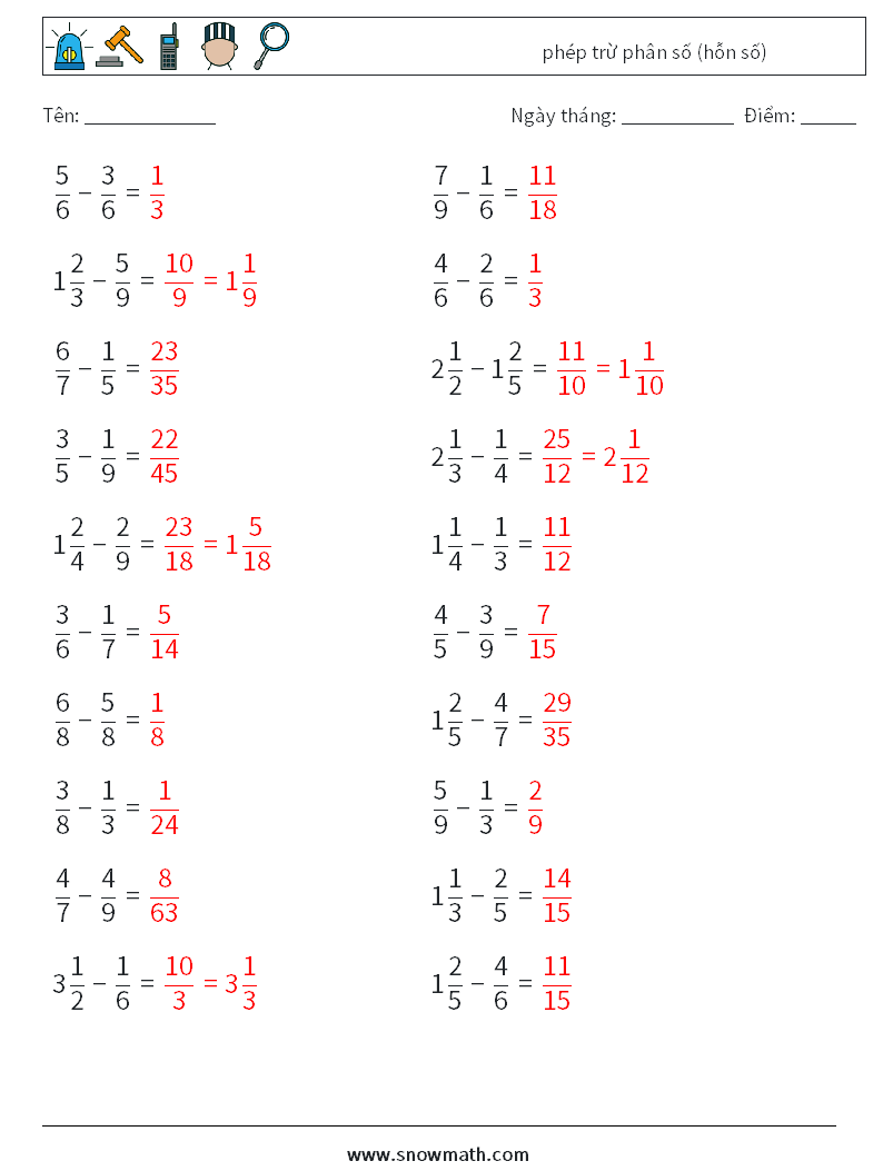 (20) phép trừ phân số (hỗn số) Bảng tính toán học 16 Câu hỏi, câu trả lời
