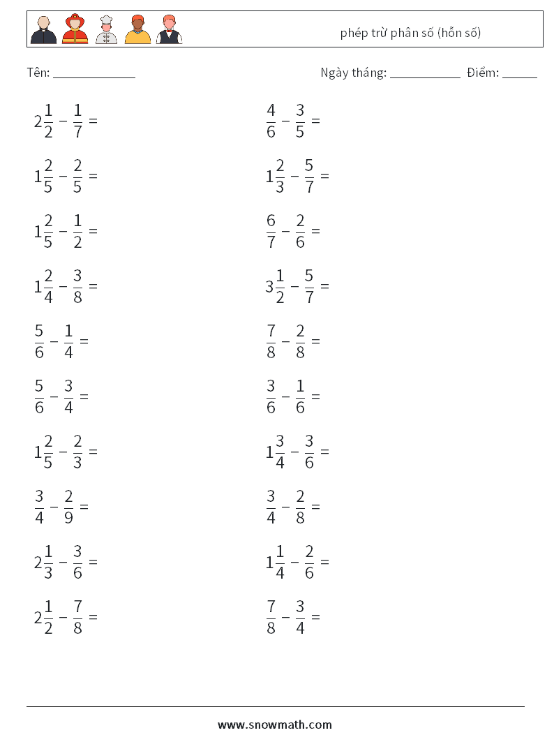 (20) phép trừ phân số (hỗn số) Bảng tính toán học 17