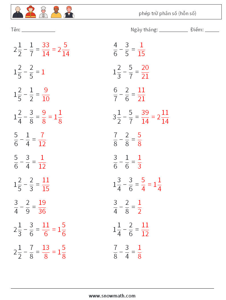 (20) phép trừ phân số (hỗn số) Bảng tính toán học 17 Câu hỏi, câu trả lời
