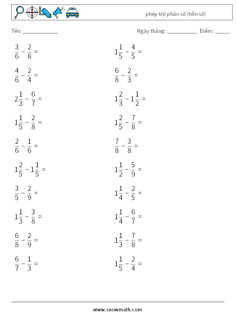 (20) phép trừ phân số (hỗn số) Bảng tính toán học 18