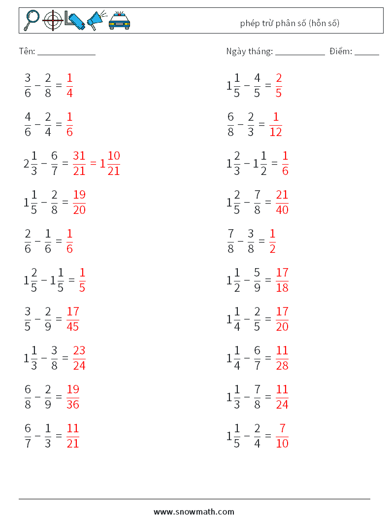 (20) phép trừ phân số (hỗn số) Bảng tính toán học 18 Câu hỏi, câu trả lời