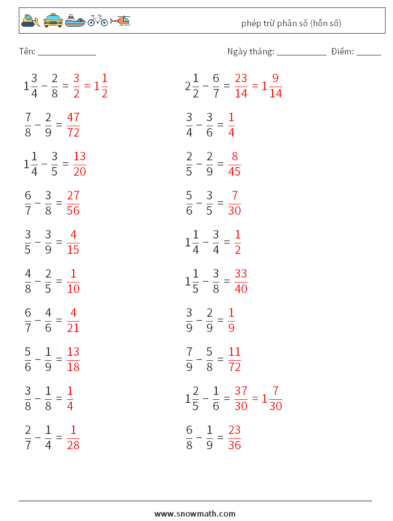 (20) phép trừ phân số (hỗn số) Bảng tính toán học 1 Câu hỏi, câu trả lời