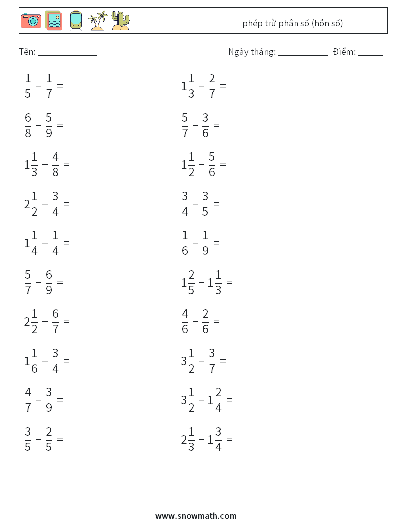 (20) phép trừ phân số (hỗn số) Bảng tính toán học 2
