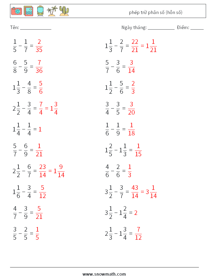 (20) phép trừ phân số (hỗn số) Bảng tính toán học 2 Câu hỏi, câu trả lời