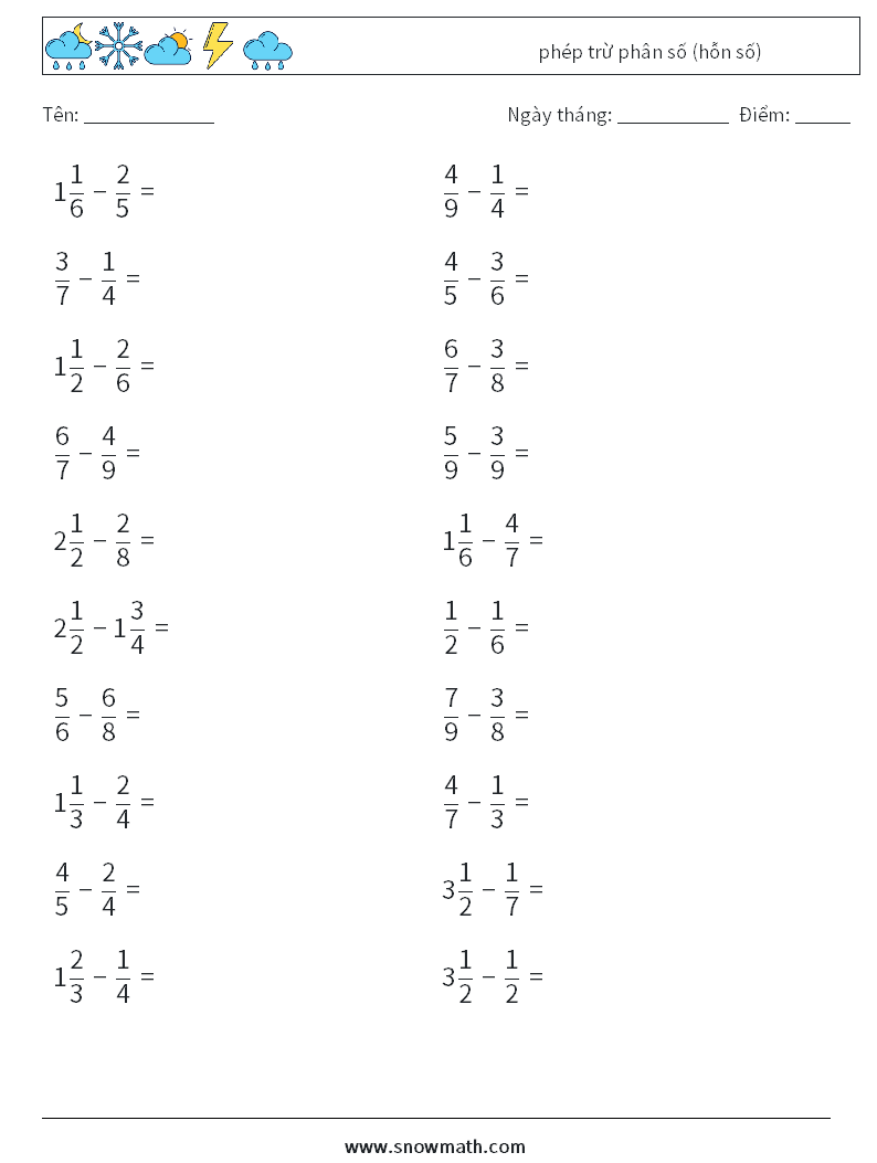 (20) phép trừ phân số (hỗn số) Bảng tính toán học 3