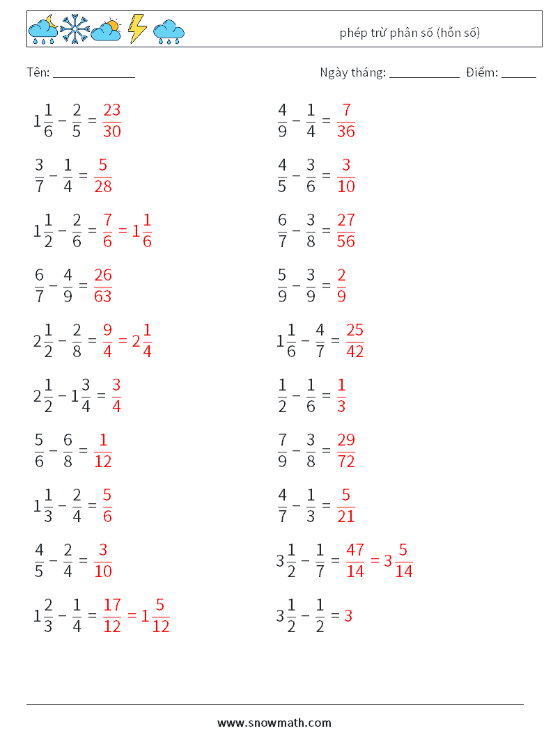 (20) phép trừ phân số (hỗn số) Bảng tính toán học 3 Câu hỏi, câu trả lời