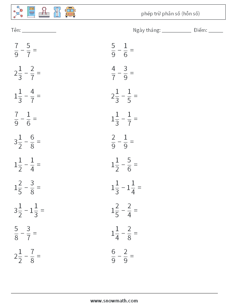 (20) phép trừ phân số (hỗn số) Bảng tính toán học 4