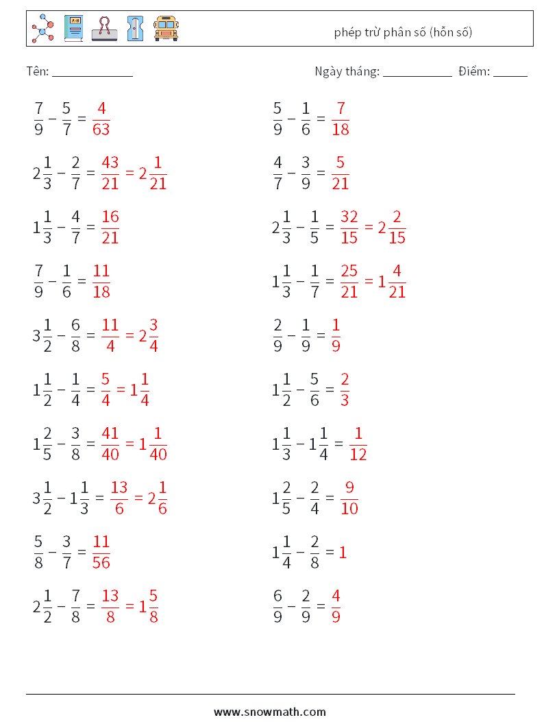 (20) phép trừ phân số (hỗn số) Bảng tính toán học 4 Câu hỏi, câu trả lời