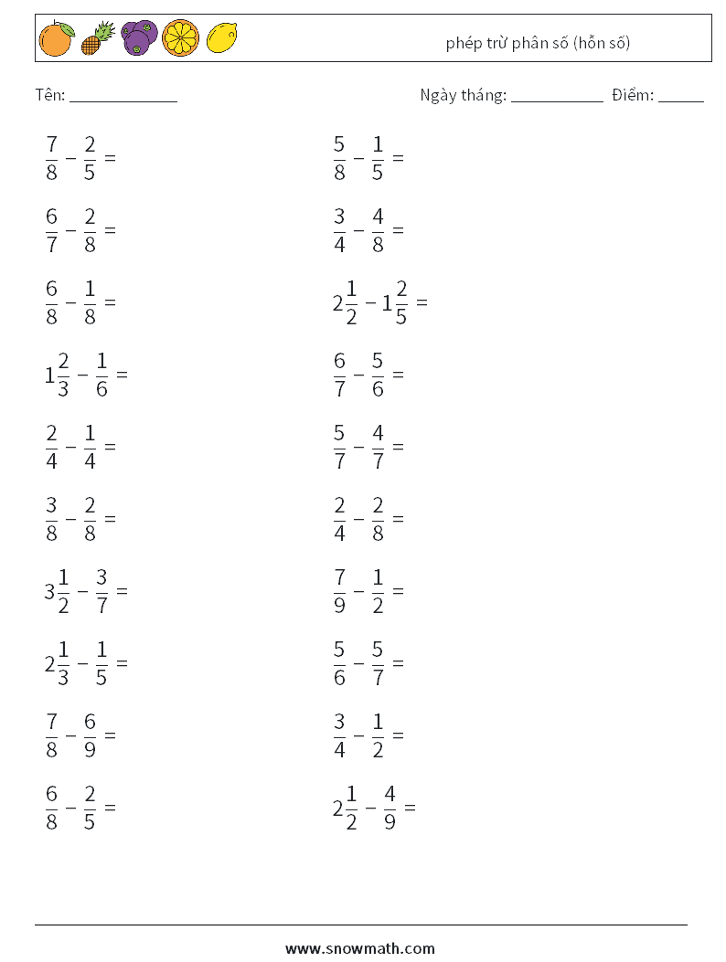 (20) phép trừ phân số (hỗn số) Bảng tính toán học 5