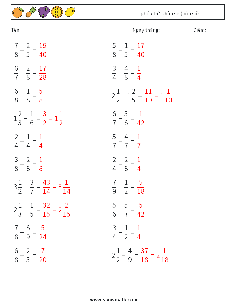 (20) phép trừ phân số (hỗn số) Bảng tính toán học 5 Câu hỏi, câu trả lời