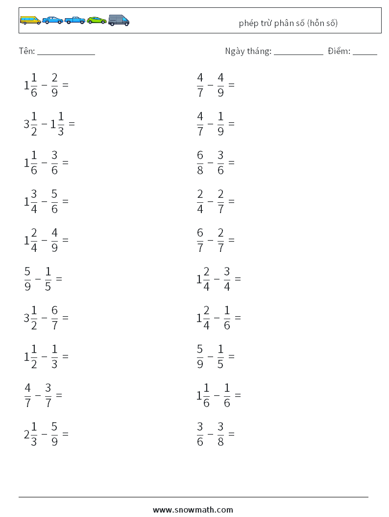 (20) phép trừ phân số (hỗn số) Bảng tính toán học 6