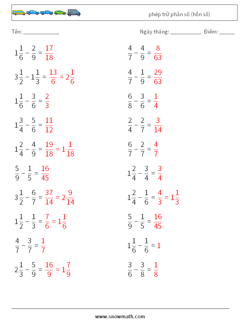 (20) phép trừ phân số (hỗn số) Bảng tính toán học 6 Câu hỏi, câu trả lời