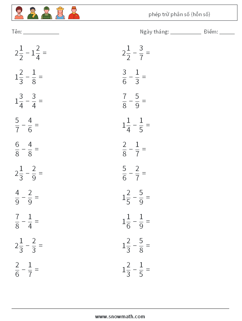 (20) phép trừ phân số (hỗn số) Bảng tính toán học 7