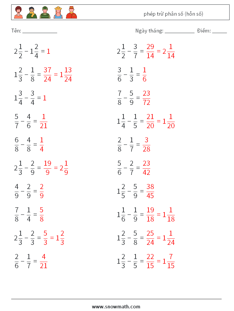 (20) phép trừ phân số (hỗn số) Bảng tính toán học 7 Câu hỏi, câu trả lời