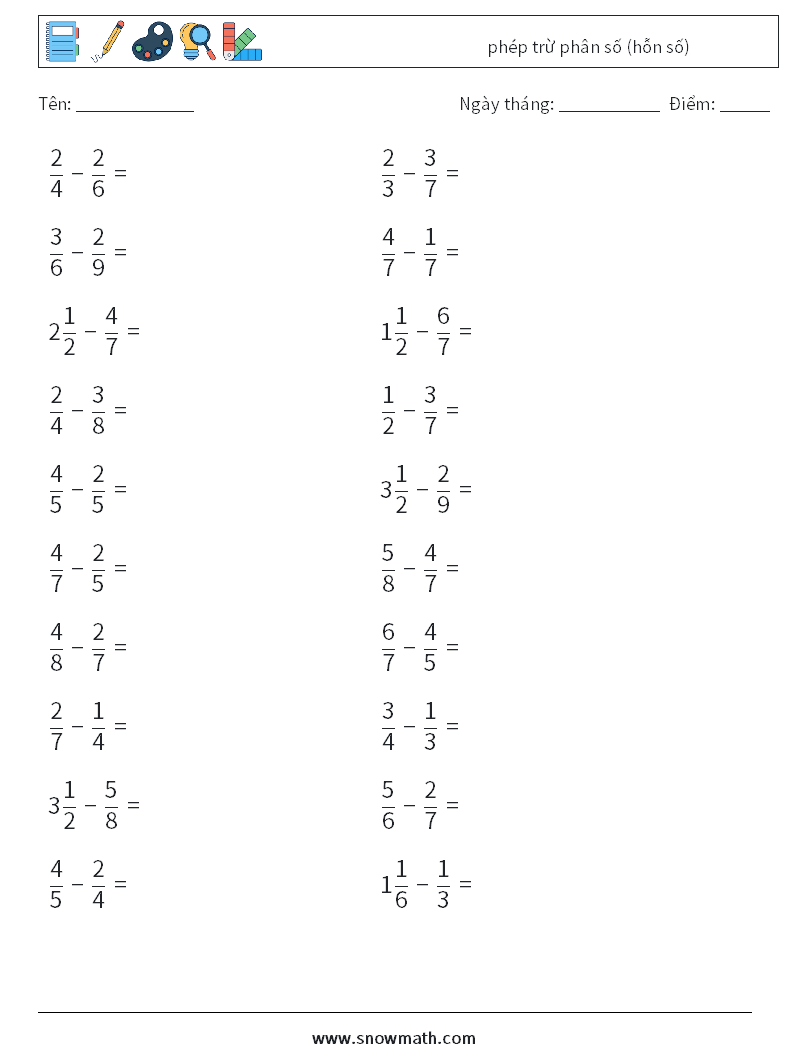 (20) phép trừ phân số (hỗn số) Bảng tính toán học 8