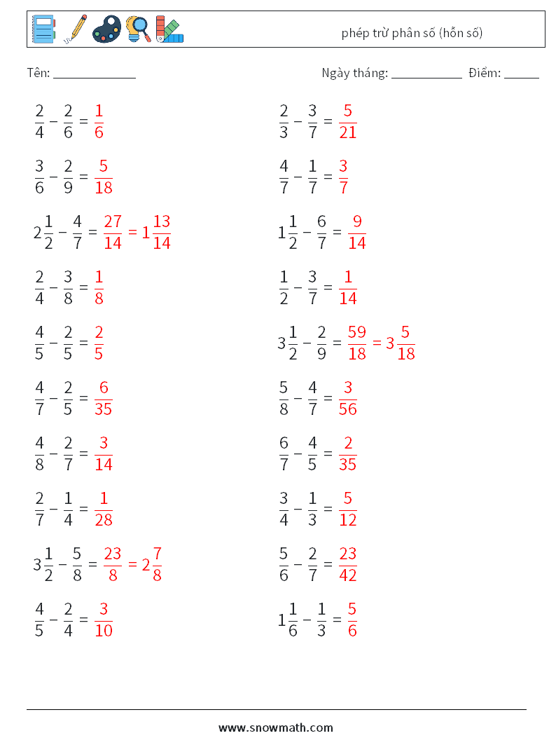 (20) phép trừ phân số (hỗn số) Bảng tính toán học 8 Câu hỏi, câu trả lời