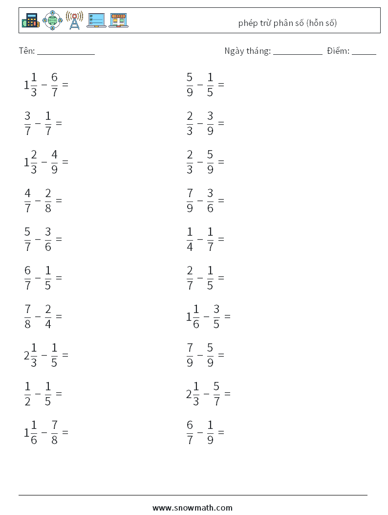 (20) phép trừ phân số (hỗn số) Bảng tính toán học 9