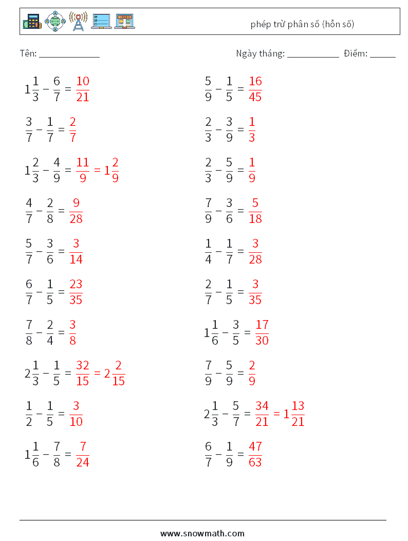 (20) phép trừ phân số (hỗn số) Bảng tính toán học 9 Câu hỏi, câu trả lời