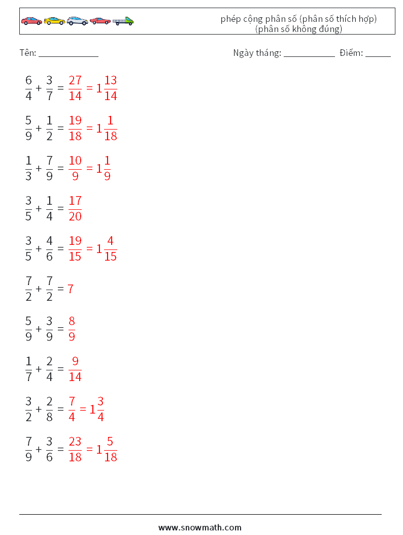 (10) phép cộng phân số (phân số thích hợp) (phân số không đúng) Bảng tính toán học 10 Câu hỏi, câu trả lời