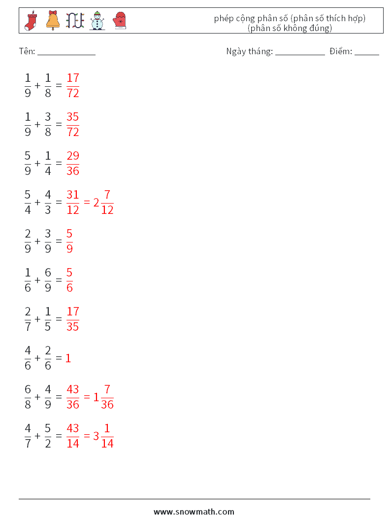 (10) phép cộng phân số (phân số thích hợp) (phân số không đúng) Bảng tính toán học 12 Câu hỏi, câu trả lời