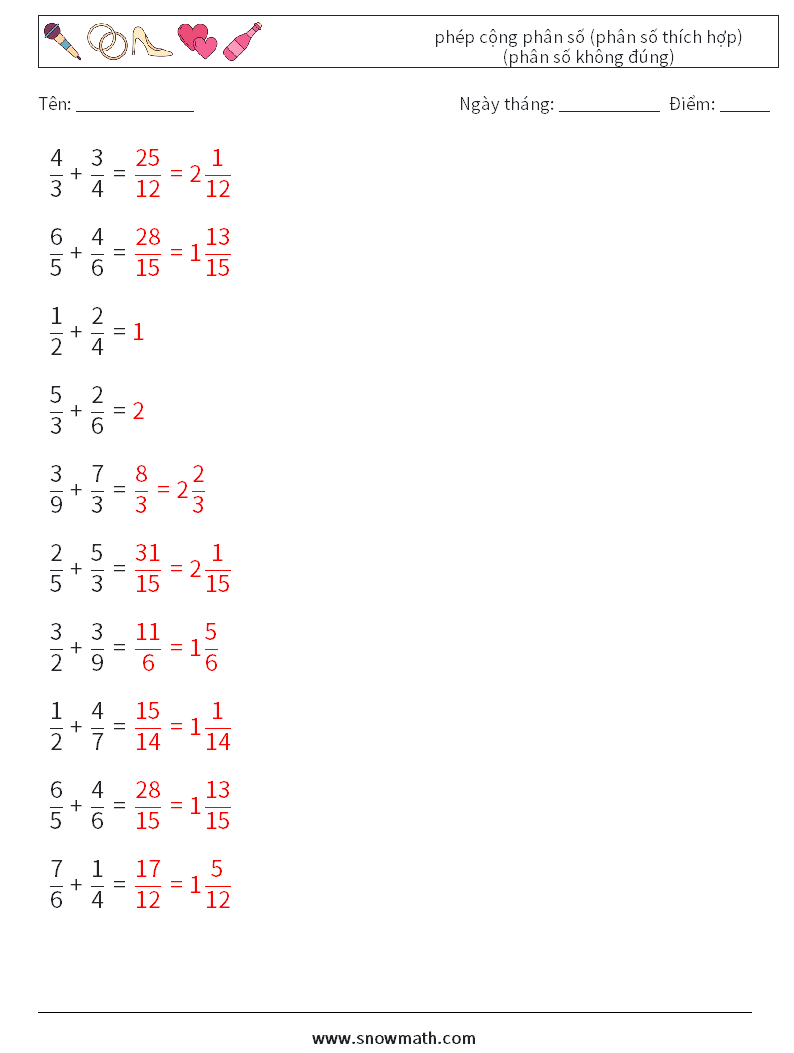 (10) phép cộng phân số (phân số thích hợp) (phân số không đúng) Bảng tính toán học 14 Câu hỏi, câu trả lời