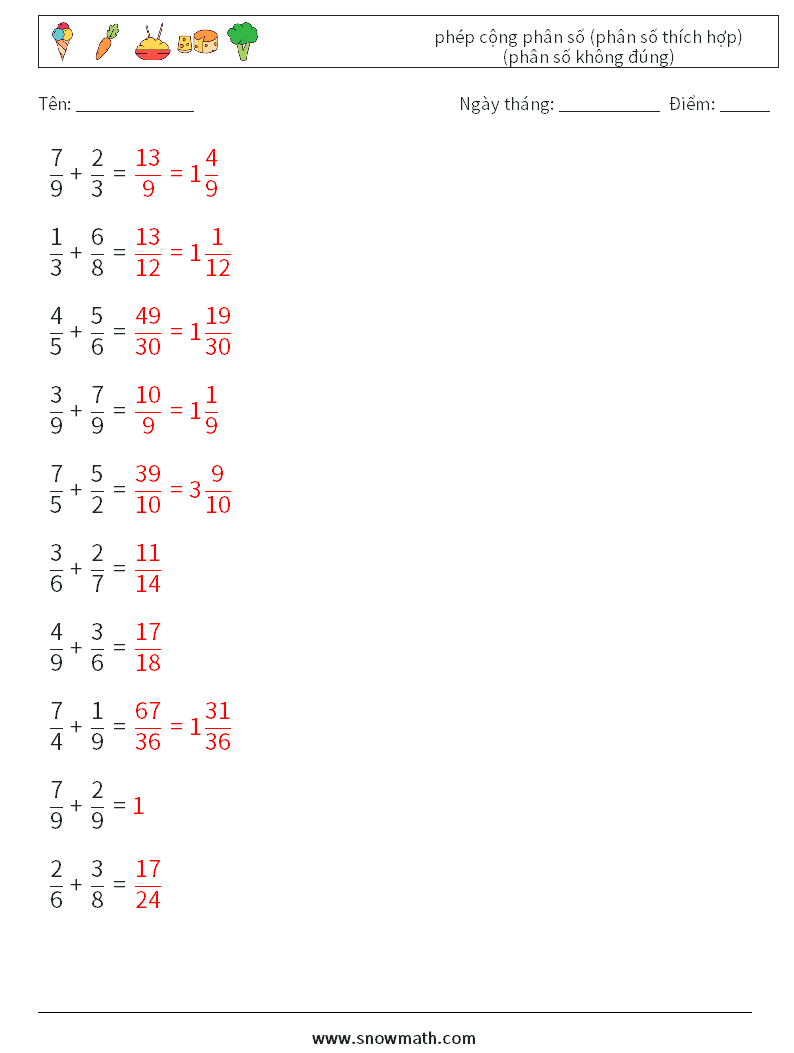 (10) phép cộng phân số (phân số thích hợp) (phân số không đúng) Bảng tính toán học 15 Câu hỏi, câu trả lời