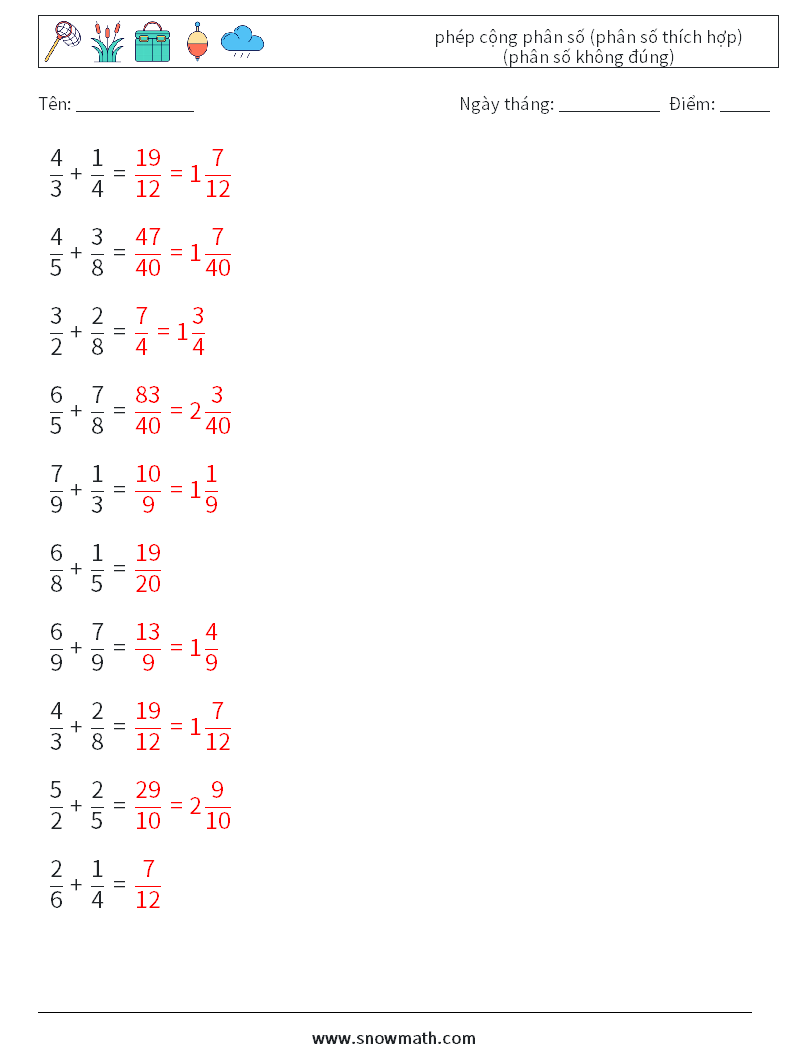 (10) phép cộng phân số (phân số thích hợp) (phân số không đúng) Bảng tính toán học 16 Câu hỏi, câu trả lời