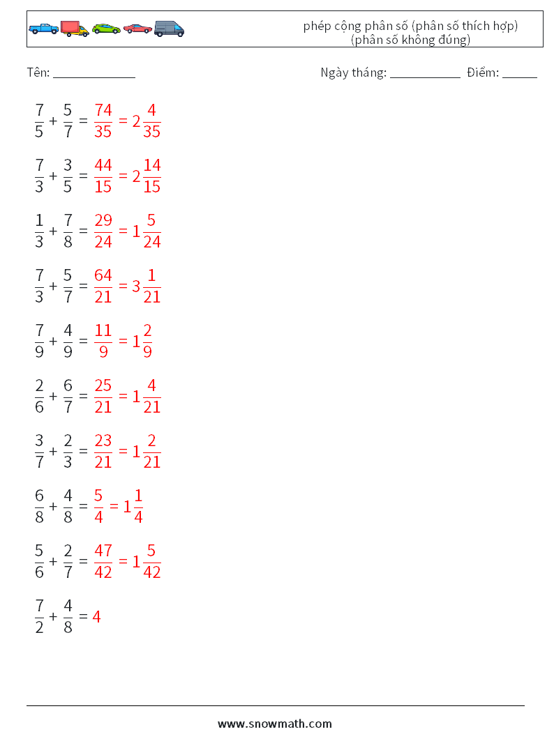 (10) phép cộng phân số (phân số thích hợp) (phân số không đúng) Bảng tính toán học 18 Câu hỏi, câu trả lời