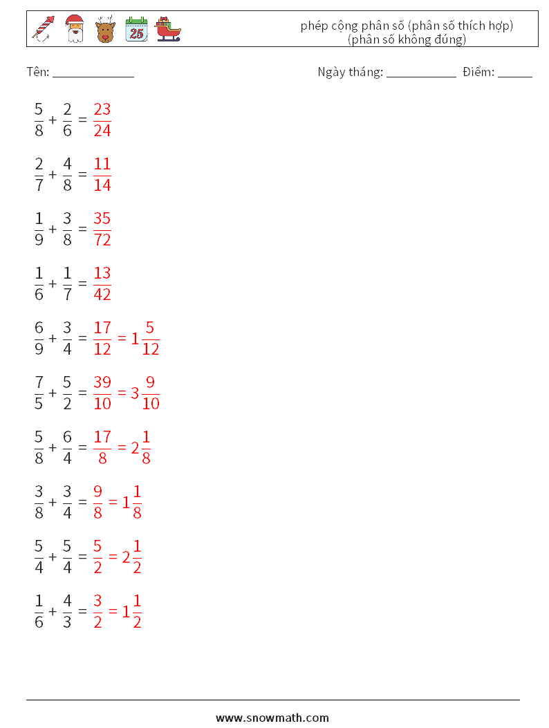 (10) phép cộng phân số (phân số thích hợp) (phân số không đúng) Bảng tính toán học 1 Câu hỏi, câu trả lời
