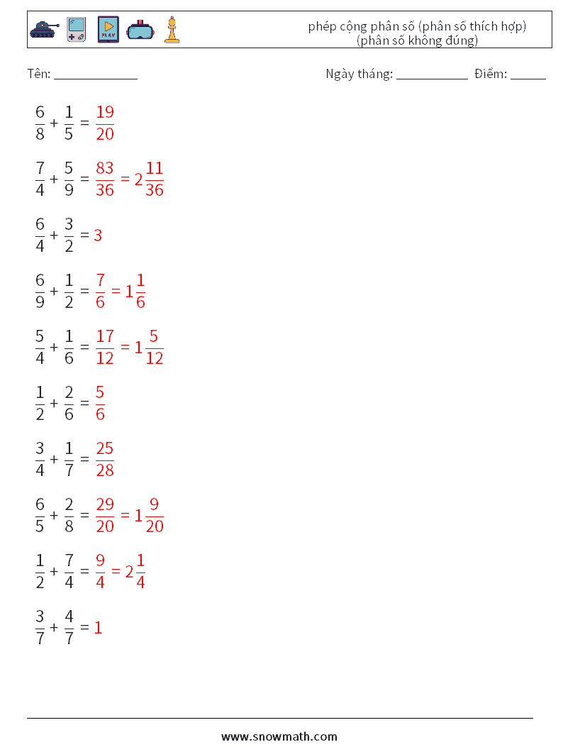 (10) phép cộng phân số (phân số thích hợp) (phân số không đúng) Bảng tính toán học 2 Câu hỏi, câu trả lời