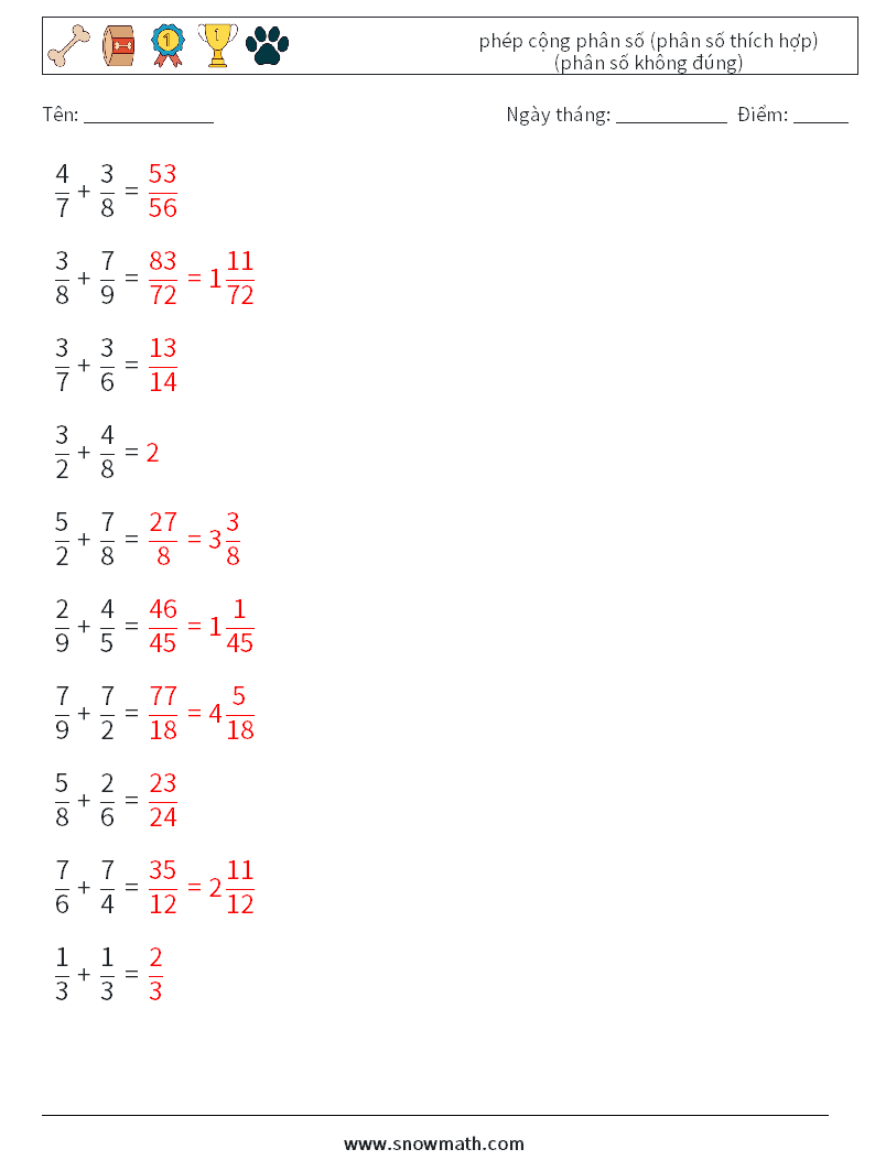 (10) phép cộng phân số (phân số thích hợp) (phân số không đúng) Bảng tính toán học 3 Câu hỏi, câu trả lời