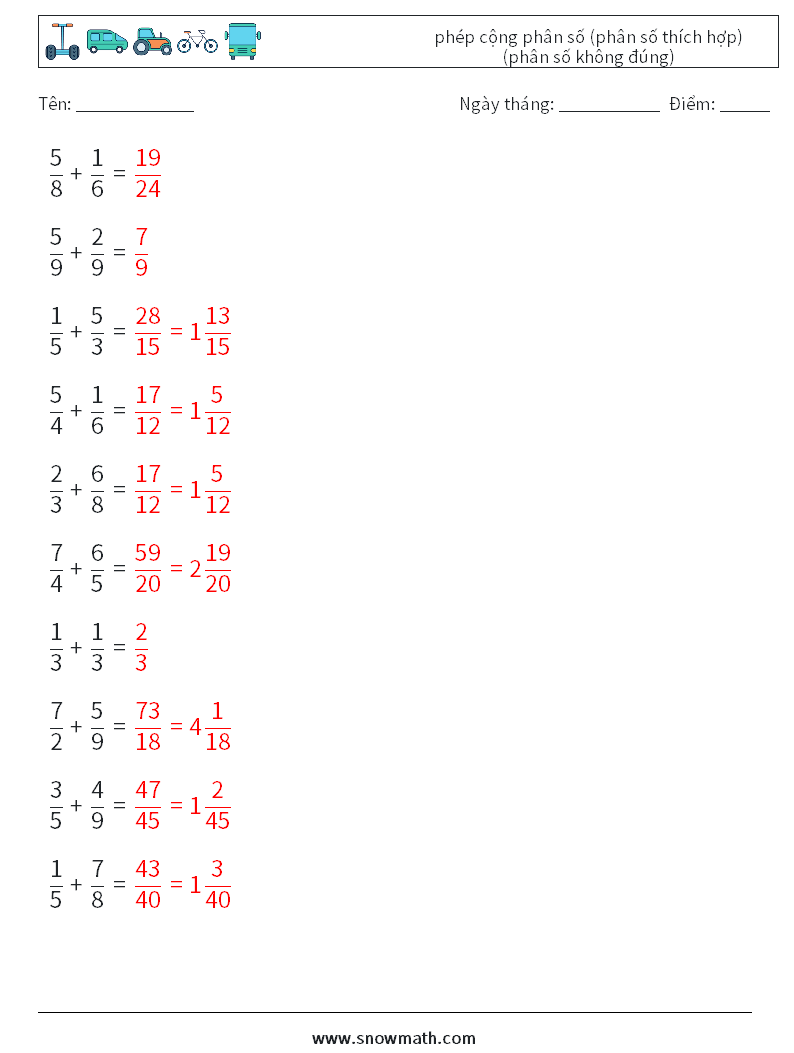 (10) phép cộng phân số (phân số thích hợp) (phân số không đúng) Bảng tính toán học 4 Câu hỏi, câu trả lời