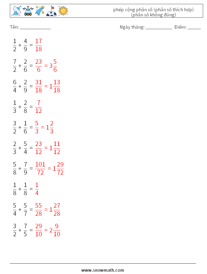 (10) phép cộng phân số (phân số thích hợp) (phân số không đúng) Bảng tính toán học 5 Câu hỏi, câu trả lời
