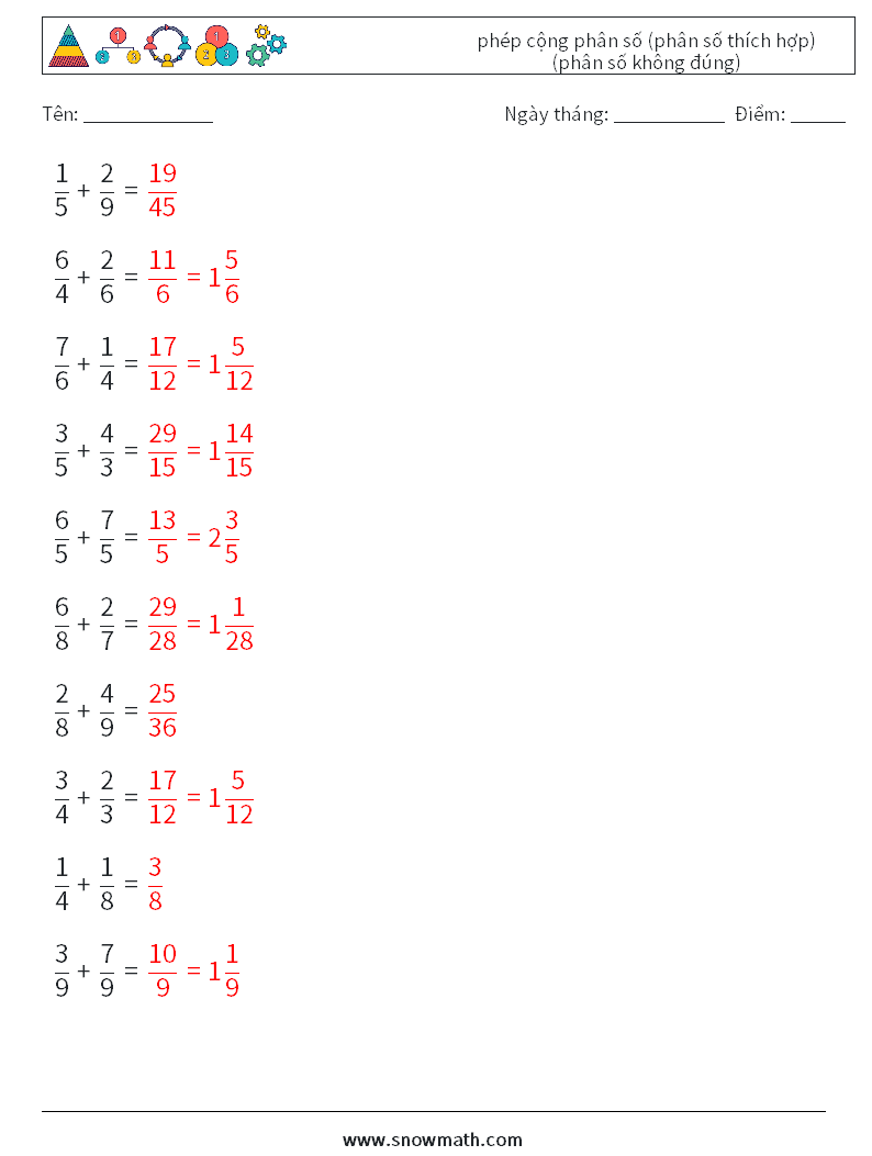 (10) phép cộng phân số (phân số thích hợp) (phân số không đúng) Bảng tính toán học 6 Câu hỏi, câu trả lời