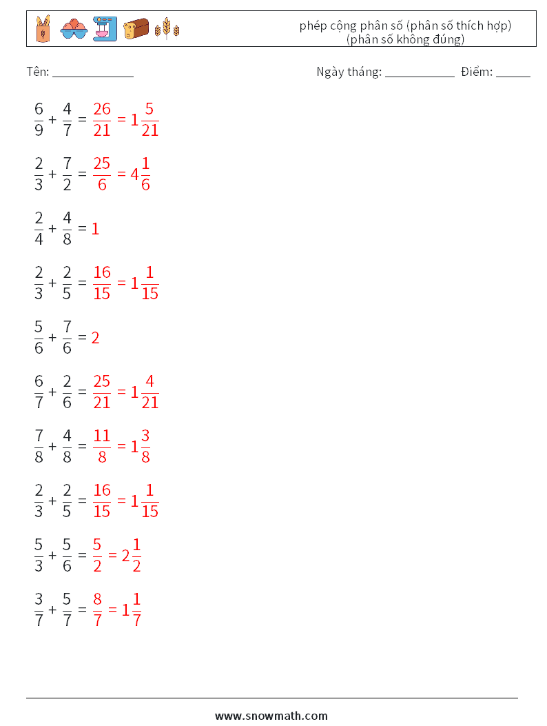 (10) phép cộng phân số (phân số thích hợp) (phân số không đúng) Bảng tính toán học 7 Câu hỏi, câu trả lời
