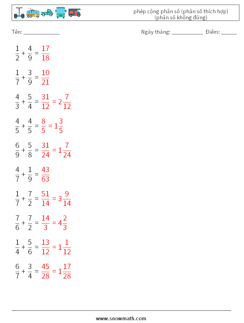 (10) phép cộng phân số (phân số thích hợp) (phân số không đúng) Bảng tính toán học 8 Câu hỏi, câu trả lời