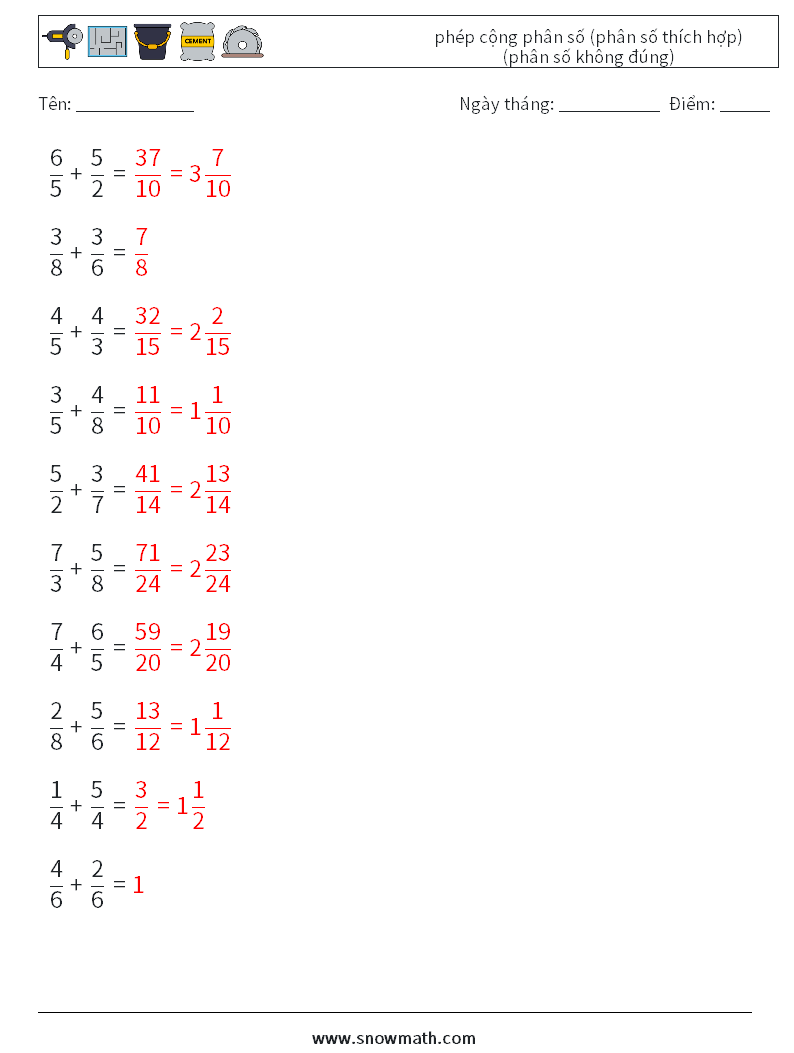 (10) phép cộng phân số (phân số thích hợp) (phân số không đúng) Bảng tính toán học 9 Câu hỏi, câu trả lời