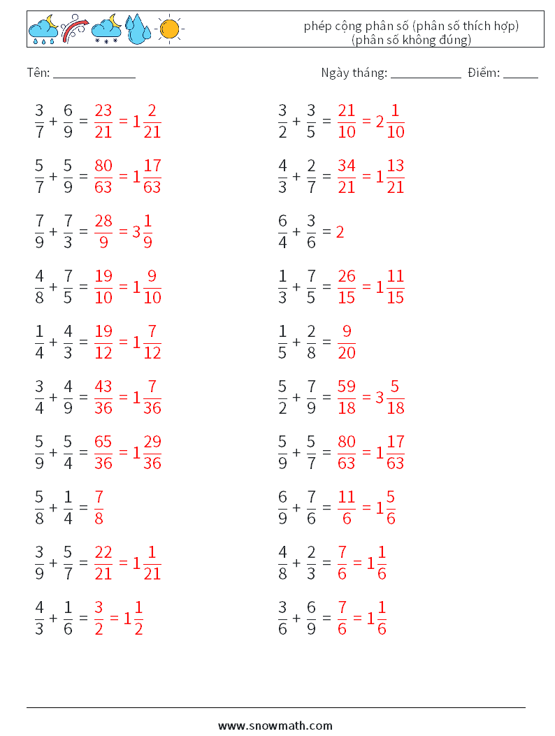 (20) phép cộng phân số (phân số thích hợp) (phân số không đúng) Bảng tính toán học 1 Câu hỏi, câu trả lời