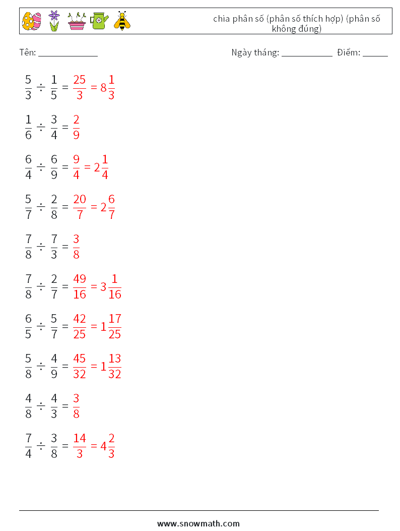 (10) chia phân số (phân số thích hợp) (phân số không đúng) Bảng tính toán học 13 Câu hỏi, câu trả lời
