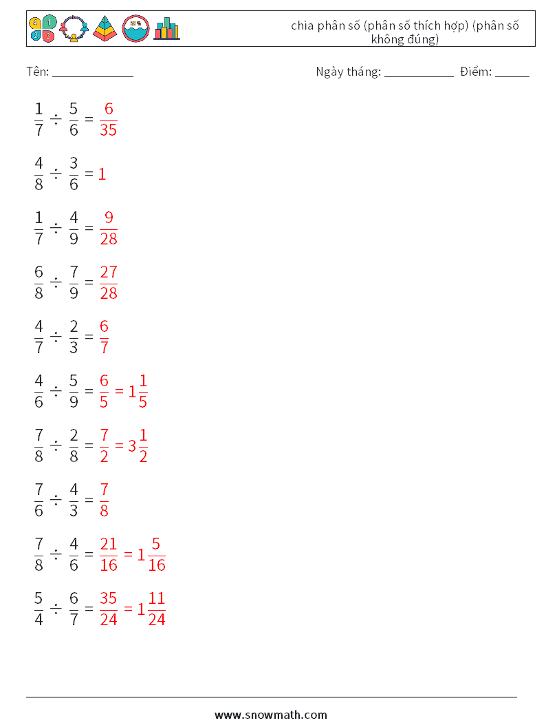 (10) chia phân số (phân số thích hợp) (phân số không đúng) Bảng tính toán học 16 Câu hỏi, câu trả lời