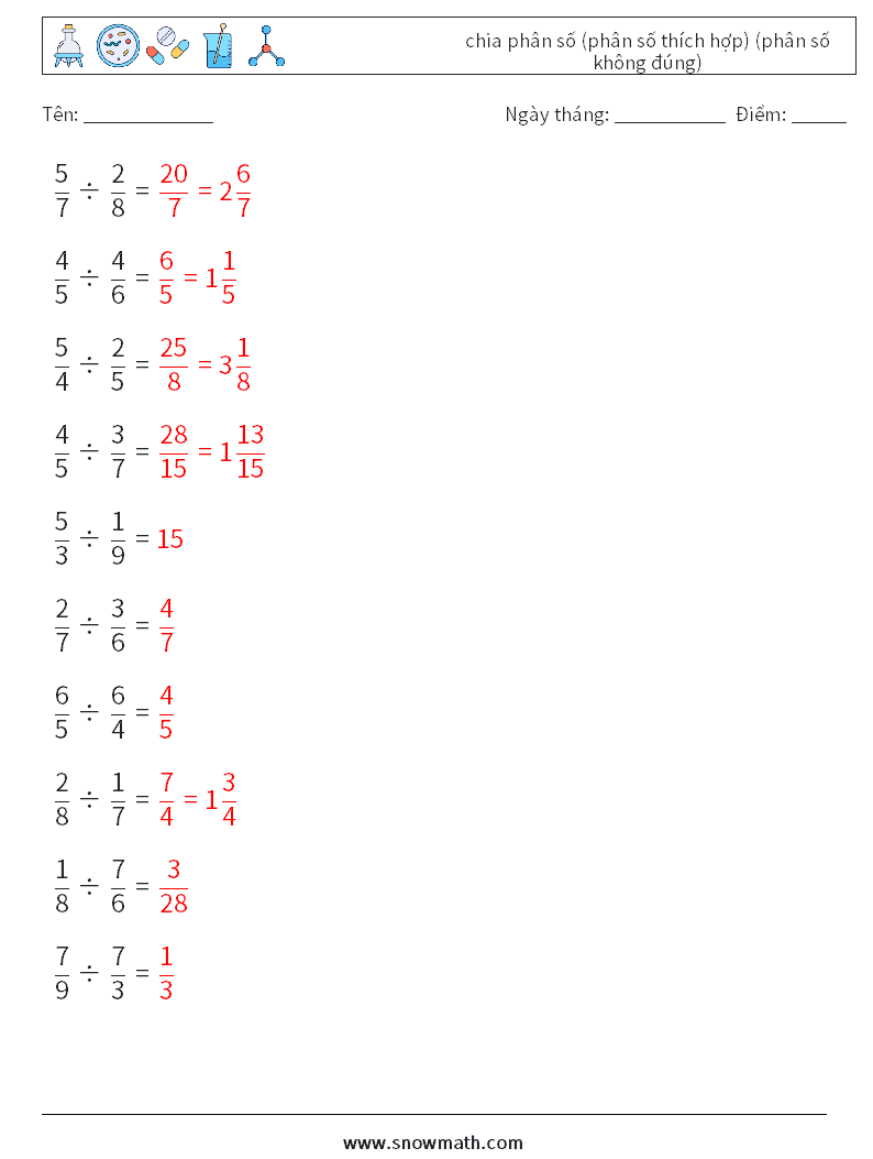 (10) chia phân số (phân số thích hợp) (phân số không đúng) Bảng tính toán học 17 Câu hỏi, câu trả lời