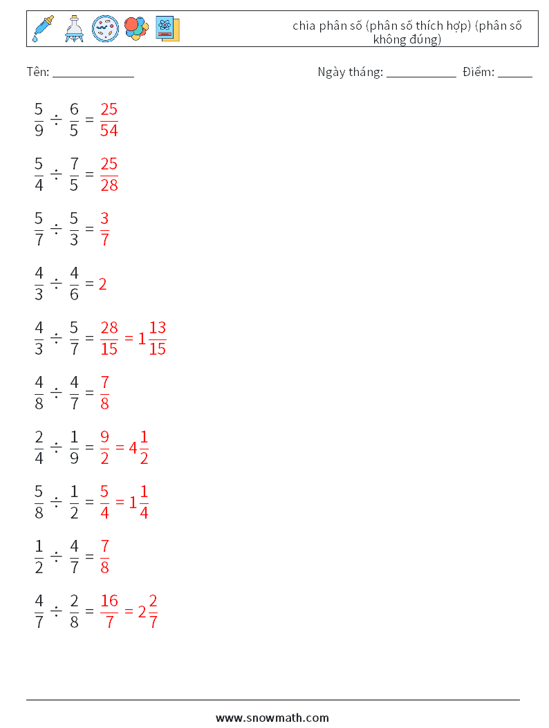(10) chia phân số (phân số thích hợp) (phân số không đúng) Bảng tính toán học 1 Câu hỏi, câu trả lời