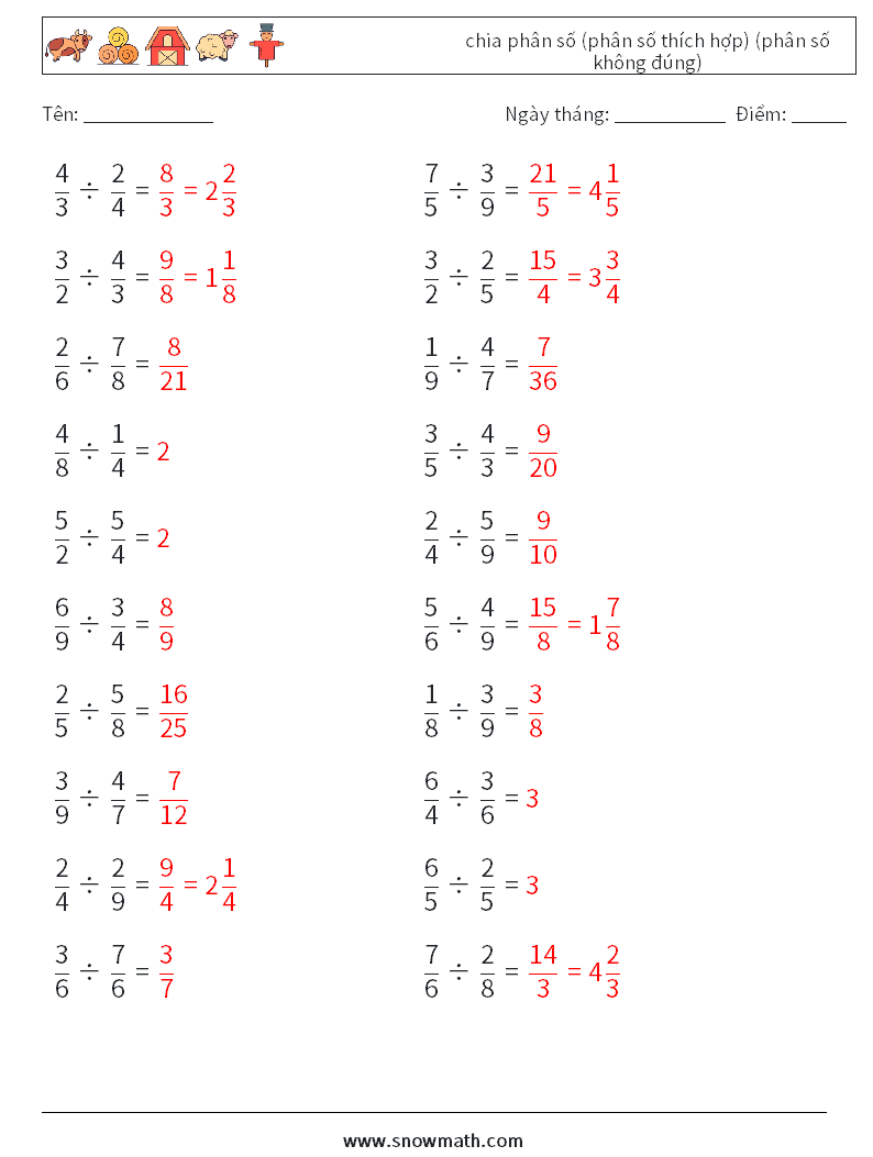 (20) chia phân số (phân số thích hợp) (phân số không đúng) Bảng tính toán học 10 Câu hỏi, câu trả lời