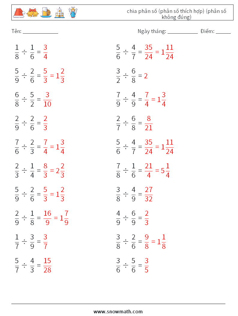 (20) chia phân số (phân số thích hợp) (phân số không đúng) Bảng tính toán học 11 Câu hỏi, câu trả lời
