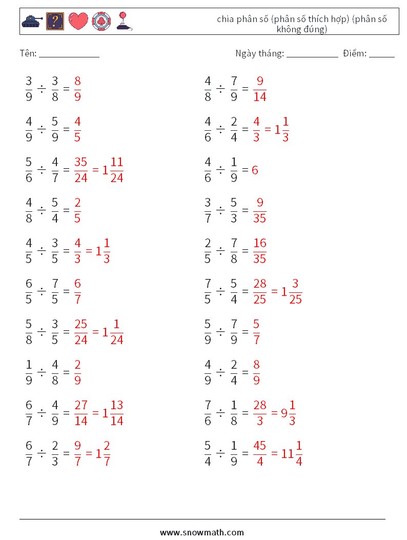 (20) chia phân số (phân số thích hợp) (phân số không đúng) Bảng tính toán học 12 Câu hỏi, câu trả lời